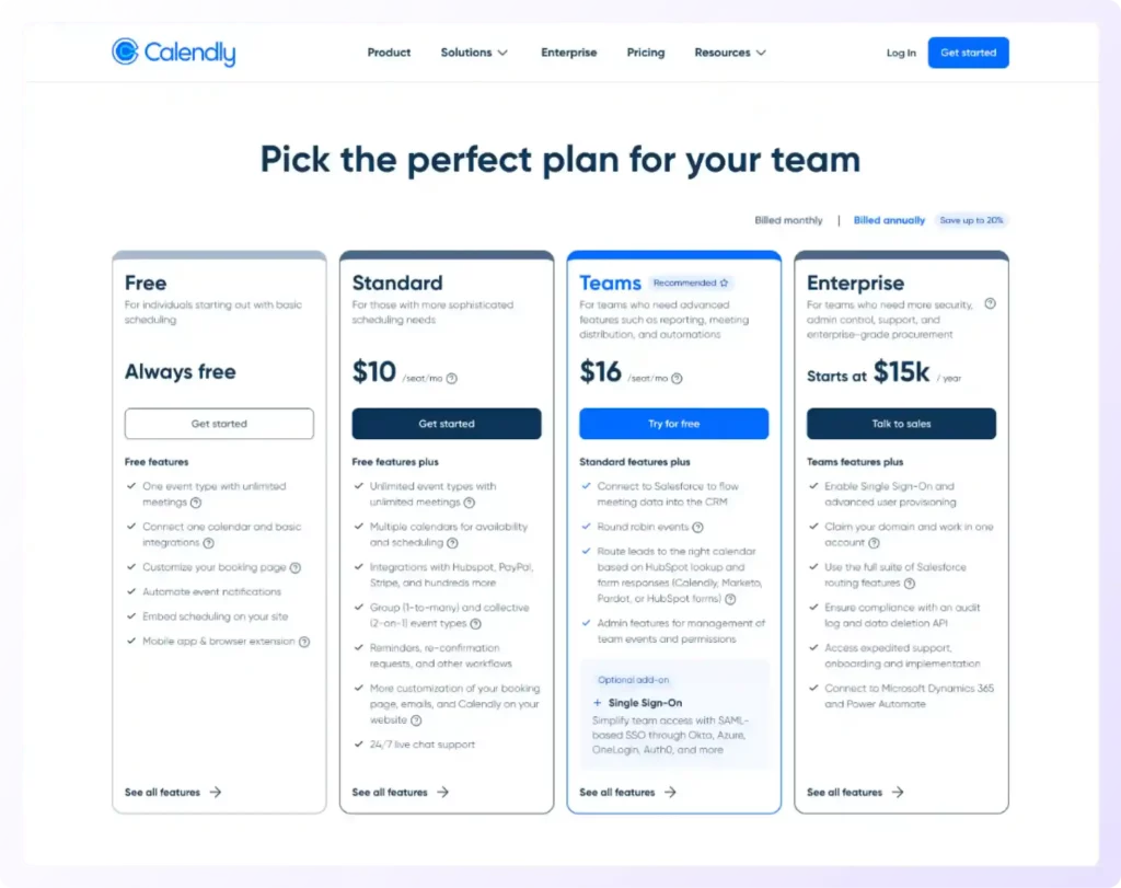 Calendly pricing page