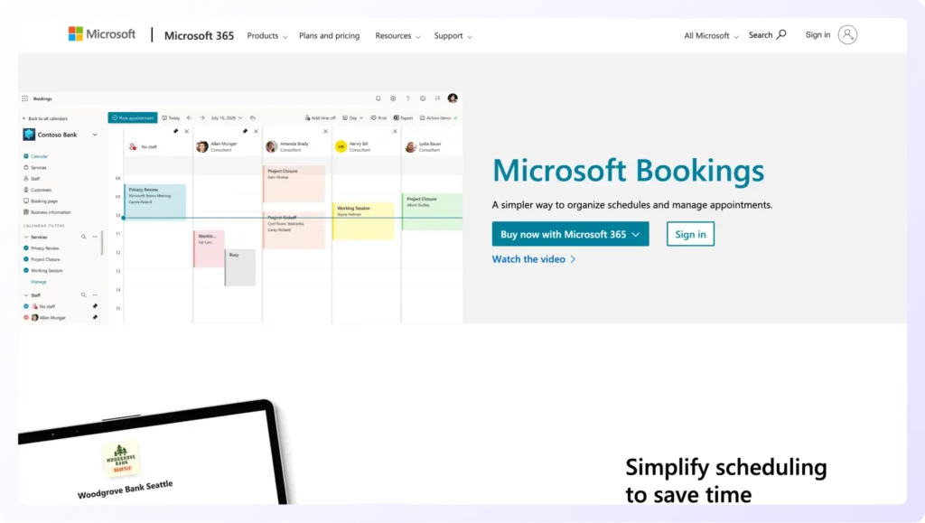 landing page of meeting scheduling tool - Microsoft bookings