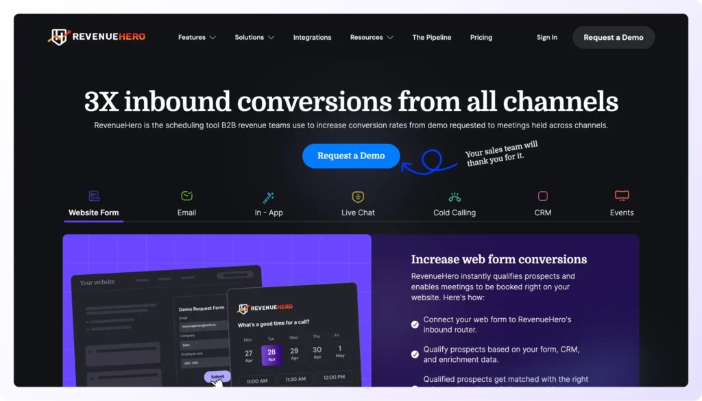 RevenueHero is the best demo scheduling software landing page