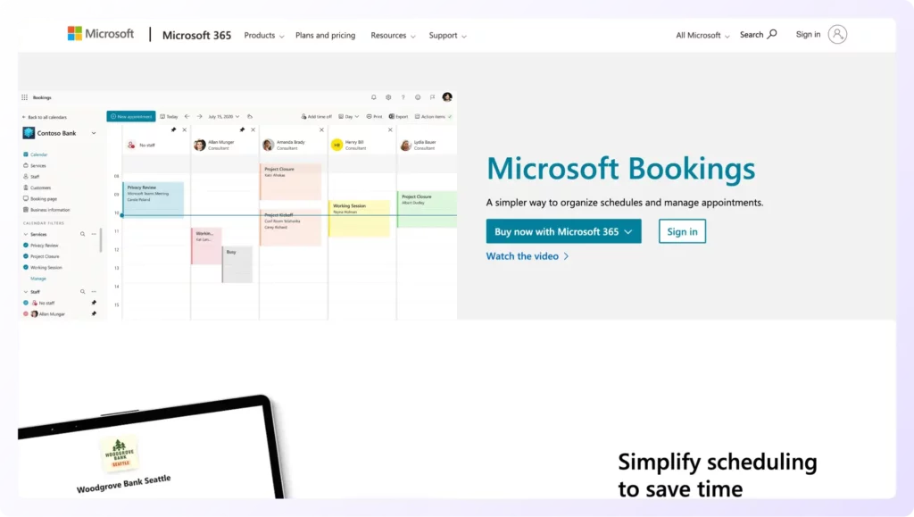 Microsoft Bookings landing page 